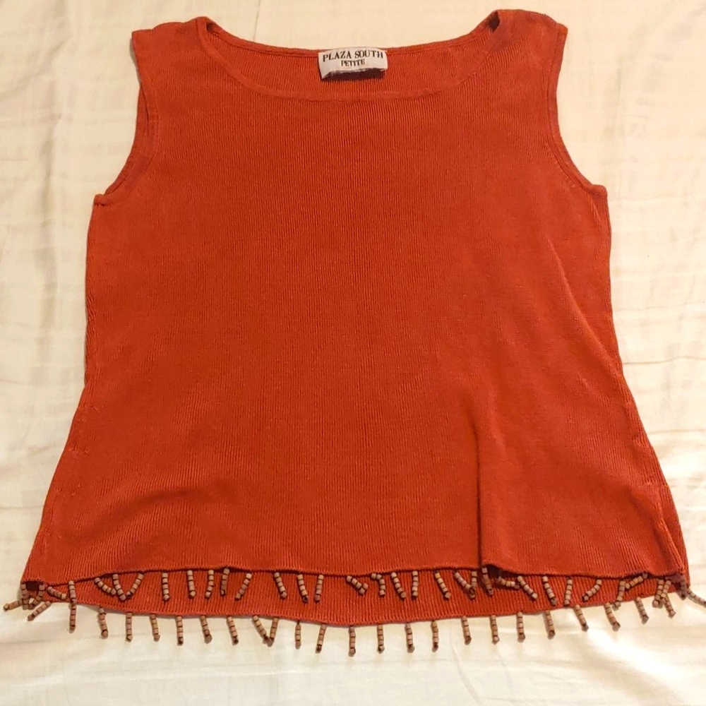 Rust Cropped Top with Wood Bead Fringe
